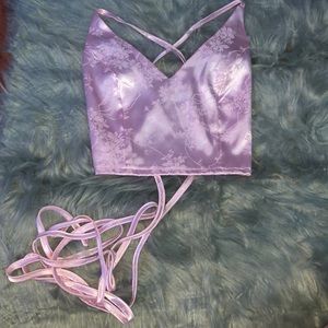 pink Satin lace up backless crop cami top